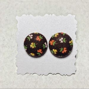 🌼 Handmade Brown Floral Fabric Button Earrings | 3/4” | Hypoallergenic